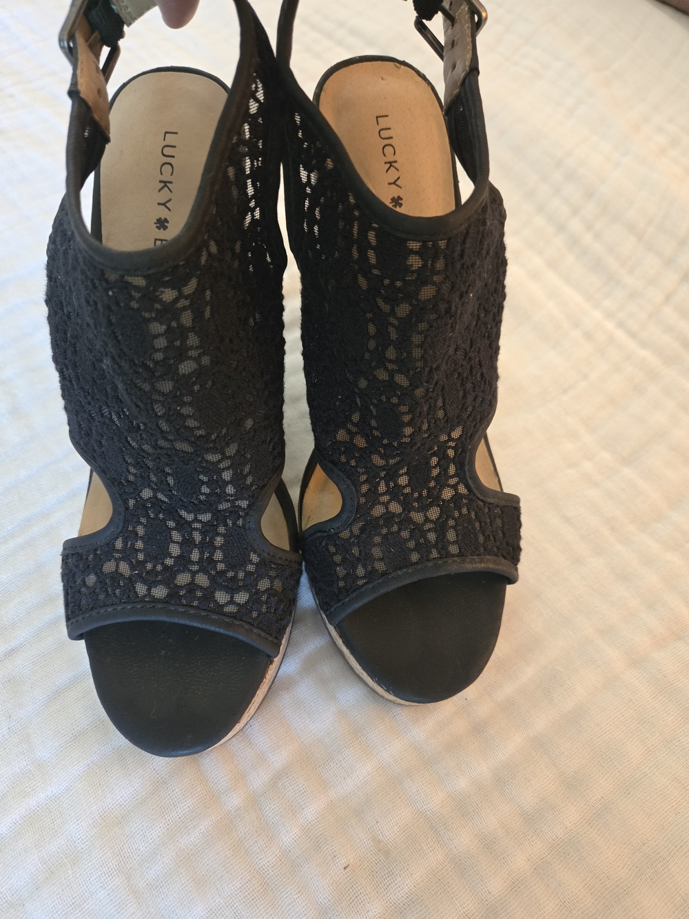 Lucky Brand Women's Black Crochet Peep-Toe Heels